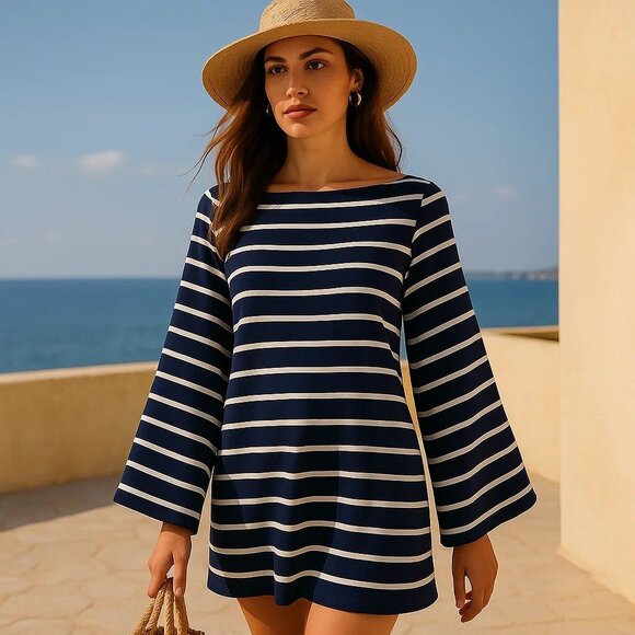 Reformation Junia Knit Dress Navy and White Striped Short Breton Boat Neck Small - Picture 1 of 9